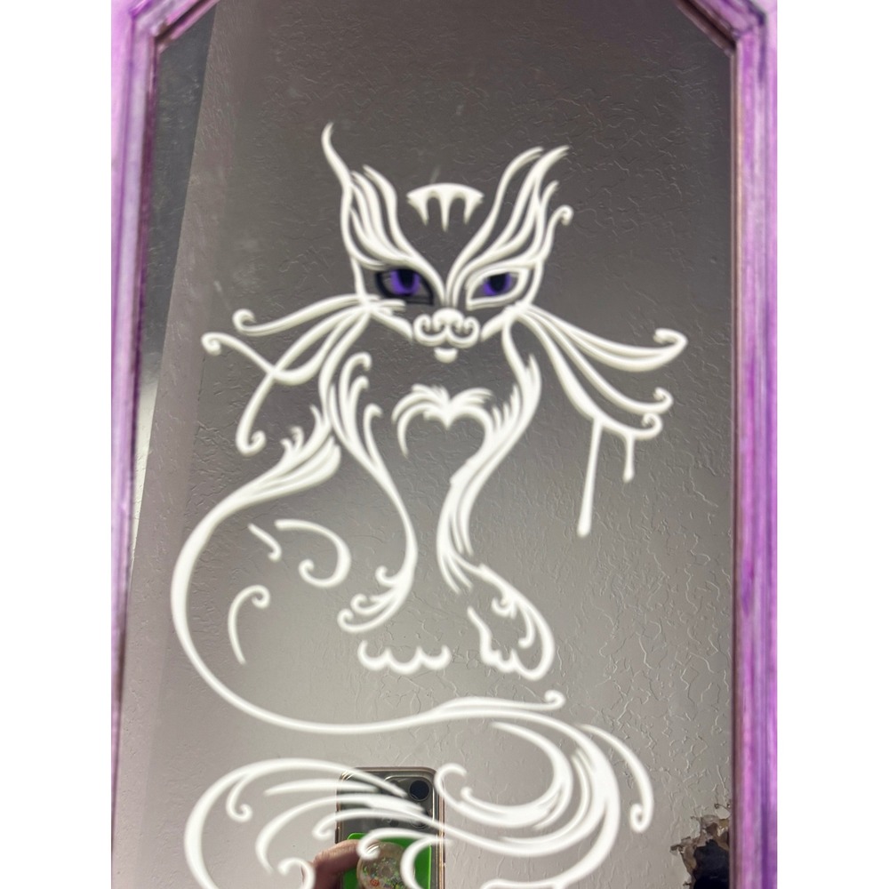 Custom Upcycled Octagon Wall Mirror Purple Distressed Frame White Cat Design‎